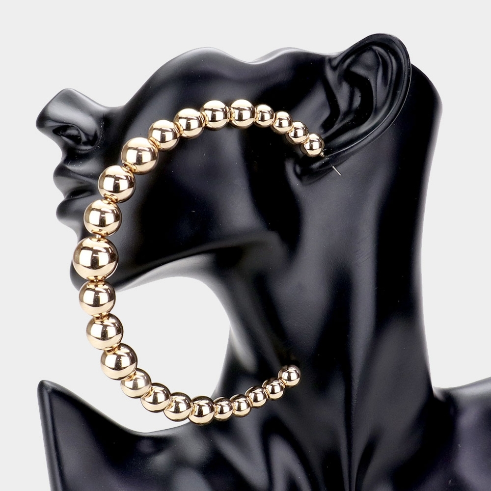 Gold Ball Metal Hoop Earrings 4" Oversized Beaded Jewelry Half Round